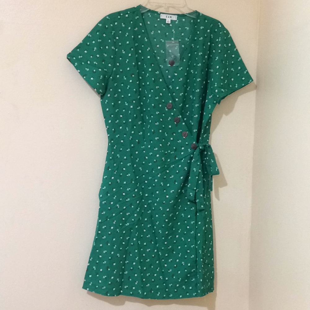 Ditsy Floral Print Wrap Dress Green Multi Sz Large